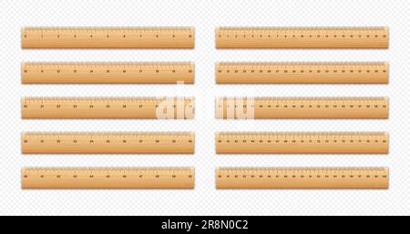Différentes règles en bois réalistes avec échelle de mesure et divisions, marques de mesure. Règle scolaire, échelle en centimètres et en pouces pour la mesure de la longueur Illustration de Vecteur