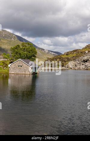 Vue sur le lac avec hangar à bateaux, Llyn Ogwen, Pont Pen-y-benglog, pays de Galles, Grande-Bretagne, vert, été, arbres Banque D'Images