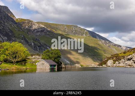 Vue sur le lac avec hangar à bateaux, Llyn Ogwen, Pont Pen-y-benglog, pays de Galles, Grande-Bretagne, vert, été, arbres Banque D'Images