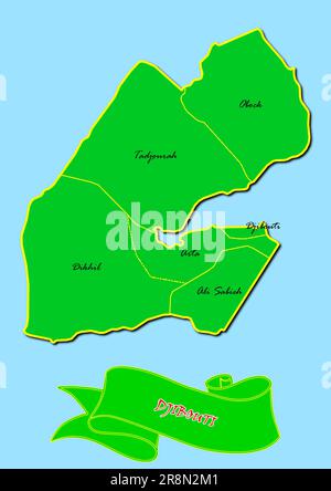 Carte de Djibouti avec sous-régions en vert nom de pays en rouge Banque D'Images