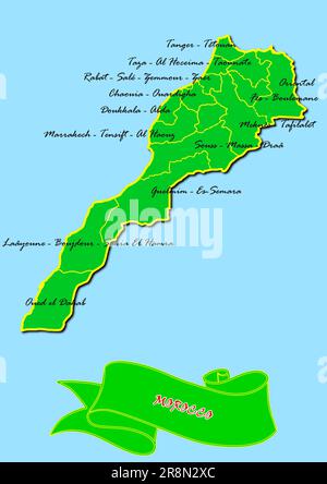 Carte du Maroc avec sous-régions en vert nom de pays en rouge Banque D'Images