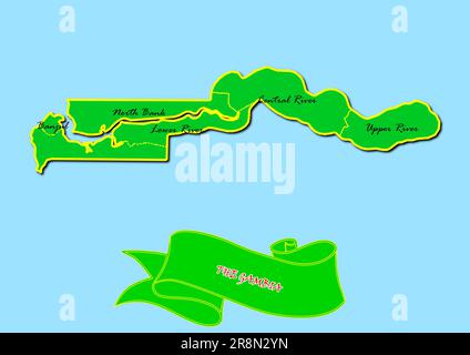 Carte de la Gambie avec sous-régions en vert nom de pays en rouge Banque D'Images