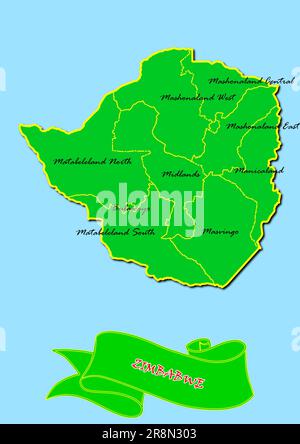 Carte du Zimbabwe avec sous-régions en vert nom de pays en rouge Banque D'Images