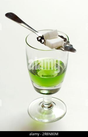 Verre d'absinthe, cube de sucre sur cuillère d'absinthe, fée verte, sucre Banque D'Images