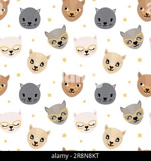 Joli motif sans couture avec des chats et des étoiles drôles dessinés à la main. Animaux puériles avec les yeux, les lunettes de soleil et les langues rouges. Illustration vectorielle isolée sur wh Illustration de Vecteur
