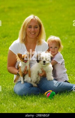 Femme et fille avec Chihuahua et chien mixte, chiot Banque D'Images