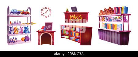 Illustration vectorielle du vecteur du jeu d'étagère du magasin de jouets. Boutique de dessin animé de comptoir en bois et rack de supermarché avec vitrine de présentation de livre et meubles d'étagères. Chi Illustration de Vecteur