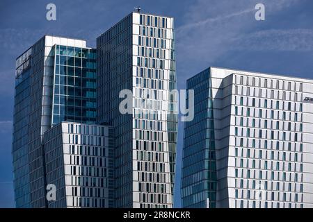 Tour de bureaux Nextower et JW Marriott Hotel, immeubles de grande hauteur, Palaisquartier, Francfort-sur-le-main, Hesse, Allemagne Banque D'Images