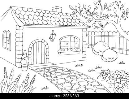 Jardin dans la cour de la maison graphique noir blanc esquisse illustration vecteur Illustration de Vecteur