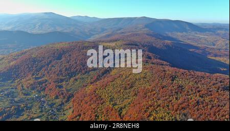 Scène d'automne brumeuse dans les montagnes carpathes avec lumière du matin tôt Banque D'Images