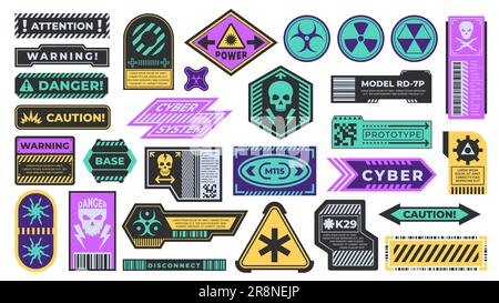 Autocollant « cyber-punk ». Étiquette d'avertissement pour la sécurité ou l'avertissement, rerto-futuriste à rayures noires avec attention industrielle et signe de danger. Isoler le vecteur Illustration de Vecteur