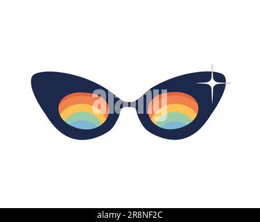 Lunettes de soleil groovy sous forme de yeux de chat avec Y2K bling. Lunettes à motif arc-en-ciel, avec des éléments rayés ondulés dans le style du 70s. GL rétro Illustration de Vecteur