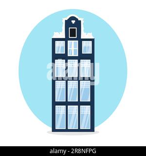 Vieille maison d'Amsterdam dans le style hollandais. Façade historique colorée bleu foncé. Architecture traditionnelle des pays-Bas. windows avec reflet. Vecteur illust Illustration de Vecteur