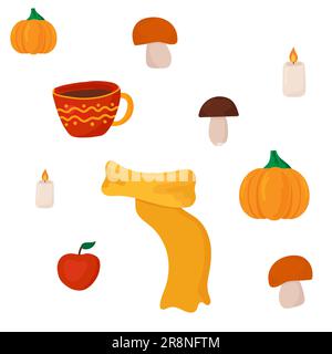 Ensemble vectoriel d'icônes d'automne pour tous les modèles. Symboles d'automne chaleureux et lumineux. Plantes jaunes de dessin animé, nourriture et animaux de forêt, festival de la récolte Illustration de Vecteur