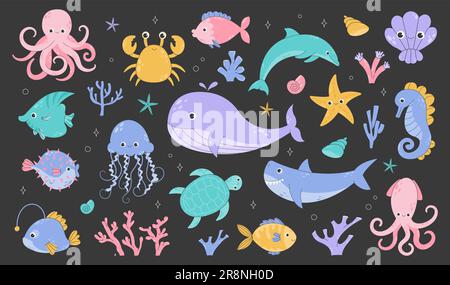 Ensemble d'animaux marins et marins. Illustration de Vecteur