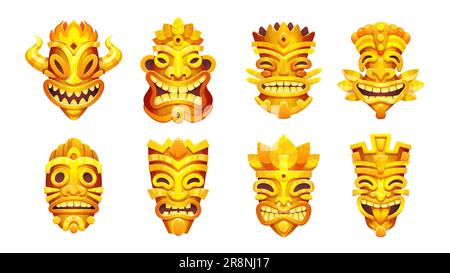 Ensemble de dessins animés de masques totem tiki isolés sur fond blanc. Illustration vectorielle de l'accessoire traditionnel hawaïen en bois sculpté pour le rituel magique, ho Illustration de Vecteur