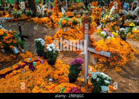 Des tombes ornées de fleurs marigolées sont vues dans un cimetière pendant les festivités du jour des morts à Tzurumútaro, Michoacán, Mexique. Banque D'Images