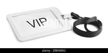 Badge VIP en plastique avec ruban noir isolé sur blanc Banque D'Images