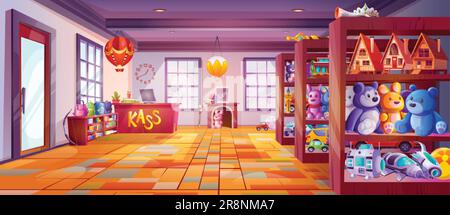 Magasin de jouets avec illustration vectorielle représentant une tablette. Intérieur de boutique de jeux avec table de comptoir en bois, étagères et rack plein d'ours, fusée, sac à dos, livre Illustration de Vecteur