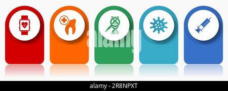 Ensemble d'icônes de soins de santé, diverses icônes vectorielles telles que SmartWatch, dentiste, adn, virus et seringue, modèle d'infographie de conception moderne, boutons Web i Illustration de Vecteur