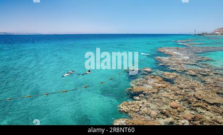 Coraux sous-marins le long de la plage vide sur la station populaire d'Eilat sur la mer Rouge en Israël. Banque D'Images