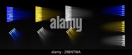 Des spots de scène, des lumières de stade pour des spectacles, des concerts, du football et des événements sportifs. Projecteurs bleu vif, blanc et jaune isolés sur fond transparent, illustrations vectorielles réalistes Illustration de Vecteur