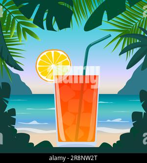 Cocktail exotique au bar de plage sur la mer. Cocktail avec de la paille, de citron et de parapluies, entouré de feuilles tropicales. Concept de vacances d'été. Beach Illustration de Vecteur