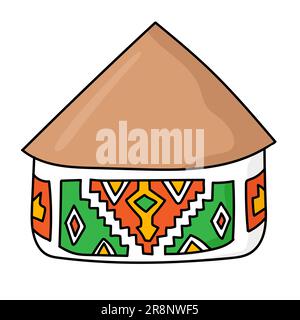 Une cabane nationale africaine en forme de doodle dessinée à la main. Habitation tribale de Ndebele. Toit de chaume simple et murs aux motifs ethniques. Couleur vive. Vecteur illustrat Illustration de Vecteur