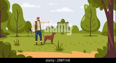 Illustration de chasse. Chasseur de dessins animés tenant le fusil et visant la cible avec l'arme et l'équipement, nature activité récréative modèle plat. Vecteur illus Illustration de Vecteur