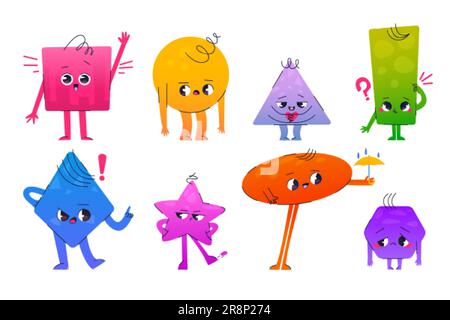 Figurines de maths mignons, personnages de formes géométriques avec visages. Triangle abstrait, carré, cercle, étoile et hexagone avec différentes émotions, dessin animé vectoriel Illustration de Vecteur