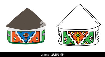 Une cabane nationale africaine en forme de doodle dessinée à la main. Habitation tribale de Ndebele. Toit de chaume simple et murs aux motifs ethniques. Pages de coloriage. Vecteur illustrat Illustration de Vecteur