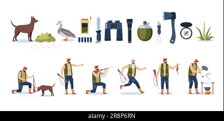 Munitions Hunter. Carabines de sniper de personnage de dessin animé avec munitions de chasse, fusil de chasse et jumelles pour armes de chasse. Ensemble de s isolés par vecteur Illustration de Vecteur