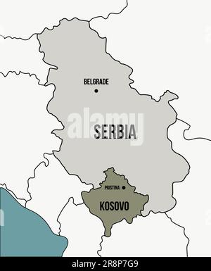 Carte simple avec les frontières entre la République de Serbie et la République du Kosovo et les principales villes. Crise entre Belgrade et Pristina. Vecteur Illustration de Vecteur