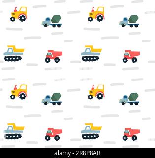 Motif sans couture avec des voitures mignonnes dessinées à la main camion, tracteur, grue de chargement, bulldozer, pelle hydraulique. Style scandinave coloré. Illustration vectorielle Illustration de Vecteur