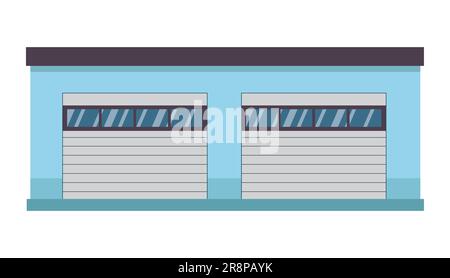 Bâtiment de service et de réparation de voitures avec deux garages gris fermés. Toit bleu d'atelier mécanique. Illustration vectorielle isolée sur blanc Illustration de Vecteur