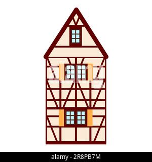 Ancienne maison allemande avec poutres en bois rouge. Bâtiment à colombages de couleur beige et marron. Façades plates de maisons à ossature européenne, cottages. Illustration de Vecteur