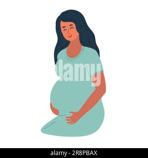 Heureuse belle jeune femme enceinte tient son ventre avec de longs cheveux. Style moderne à dessin animé plat. Illustration de Vecteur