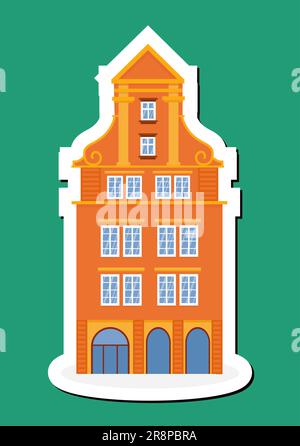 Autocollant de vieille maison européenne colorée. Style hollandais. Façade historique orange. Architecture traditionnelle des pays-Bas ou de la Pologne. Illustration vectorielle fl Illustration de Vecteur