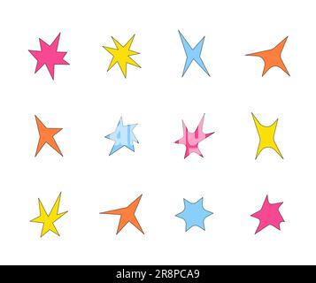 Différentes formes acides d'étoiles, étoiles spatiales, rayons de soleil, reflets et évasements de style plat. y2k éléments de grunge rétro-déformés Illustration de Vecteur