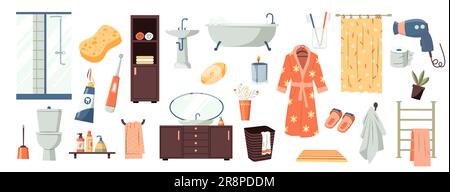 Collection d'éléments de bain. Équipement de salle de bain et accessoires de toilette, éléments de douche et de baignoire, décoration de salle d'hygiène. Ensemble vectoriel isolé Illustration de Vecteur