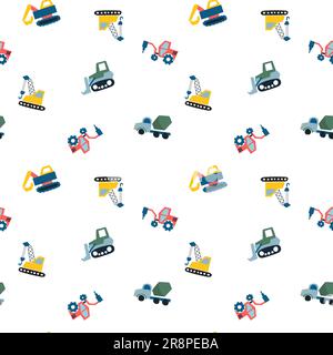 Motif sans couture avec des voitures mignonnes dessinées à la main camion, tracteur, grue de chargement, bulldozer, pelle hydraulique. Style scandinave coloré. Illustration vectorielle Illustration de Vecteur