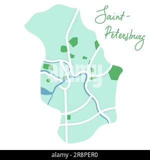 Carte plate de dessin animé du centre de Saint-Petersbourg. La rivière Neva est bleue, la terre est verte. Carte amusante de la ville russe européenne. Illustration vectorielle Illustration de Vecteur