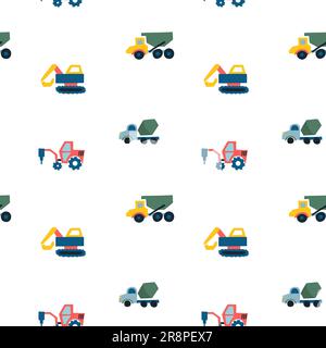 Motif sans couture avec des voitures mignonnes dessinées à la main camion, tracteur, grue de chargement, bulldozer, pelle hydraulique. Style scandinave coloré. Illustration vectorielle Illustration de Vecteur