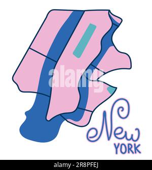 Carte plate en couleur de dessin animé du centre de New York, Manhattan. Carte amusante de la ville des États-Unis. Violet et bleu wuth vert Central Park. Illustration vectorielle Illustration de Vecteur