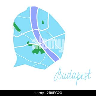 Carte plate en couleur de dessin animé du centre de Budapest. La terre est bleue. White mail Streets. Carte amusante et mignonne de la ville européenne de Hongrie. Illustration vectorielle Illustration de Vecteur