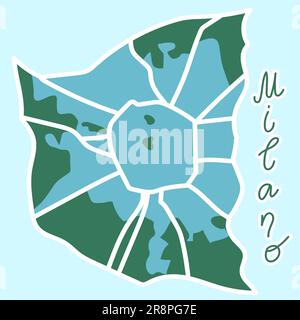 Carte plate de dessin animé du centre de Milan. la terre est bleue. White mail Streets. Carte amusante et mignonne de la ville italienne européenne. Illustration vectorielle Illustration de Vecteur