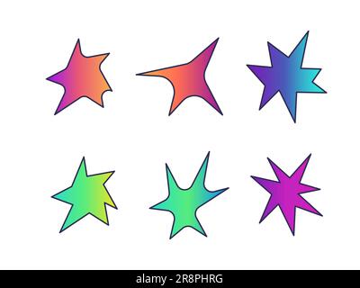 Formes acides de gradient d'étoiles, étoiles spatiales, rayons de soleil, reflets et évasements de style plat. y2k éléments de grunge rétro-déformés Illustration de Vecteur