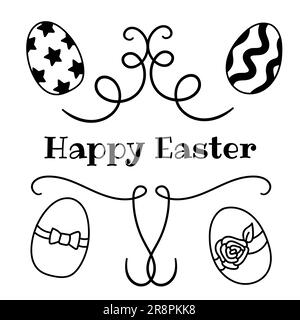 Mots joyeuses Pâques écrits à la main . Modèles de texte de carte de vœux avec œufs de Pâques décorés isolés sur fond blanc. Illustration de Vecteur