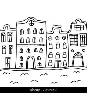 Maisons hollandaises dessinées à la main. Rue d'Amsterdam avec maisons avec différentes fenêtres et portes. La rivière à proximité. Illustration vectorielle isolée sur blanc Illustration de Vecteur