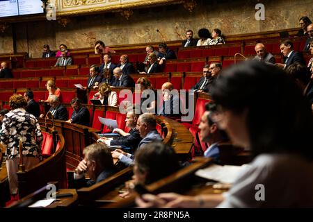 Paris, France. 20th juin 2023. Vue générale de l'hémicycle à l'Assemblée nationale pendant la session de questions au gouvernement. Séance de questions pour le gouvernement d'Elisabeth porté à l'Assemblée nationale, au Palais Bourbon à Paris. (Photo par Telmo Pinto/SOPA Images/Sipa USA) crédit: SIPA USA/Alay Live News Banque D'Images